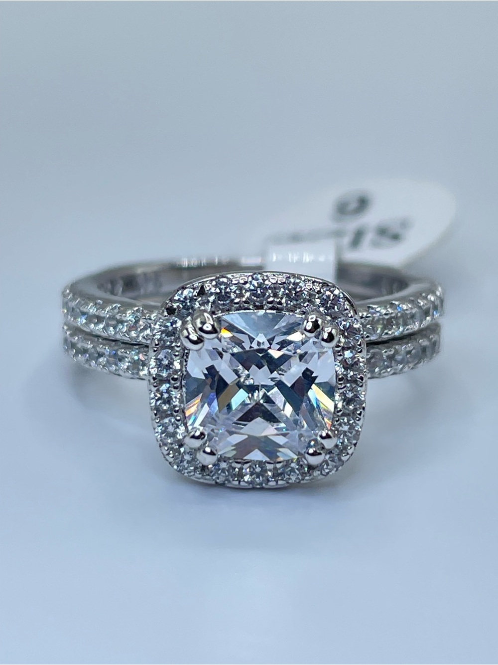 925 Sterling Silver Cushion Cut CZ Halo Bridal Ring Set Size 6